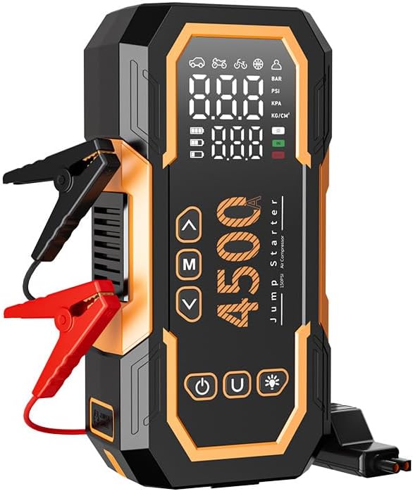 6000A Portable Jump Starter with Air Compressor, 12V Car Battery Starter (Suitable for Gasoline/10.0L Diesel Engines), Large LCD Display, LED Work Light, Jumper Cables, Supports Type-C Fast Charging