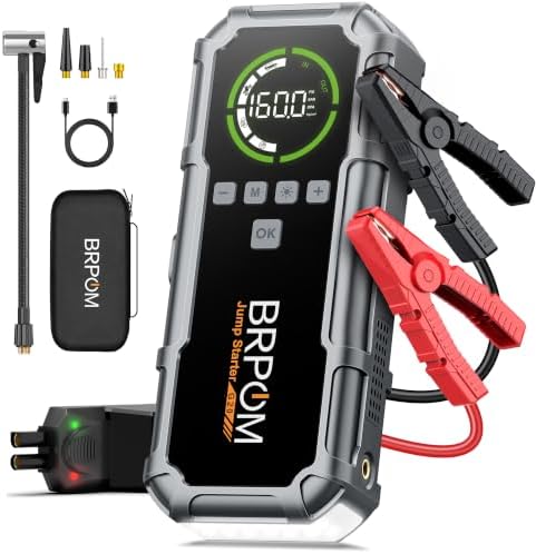 Jump Starter with Air Compressor, BRPOM 8000A Portable Car Jump Starter (All Petrol/12L Diesel), 160PSI 12V Battery Jump Starter Power Pack with Jump Clamps, LCD Screen, 600 Lumens Emergency Light