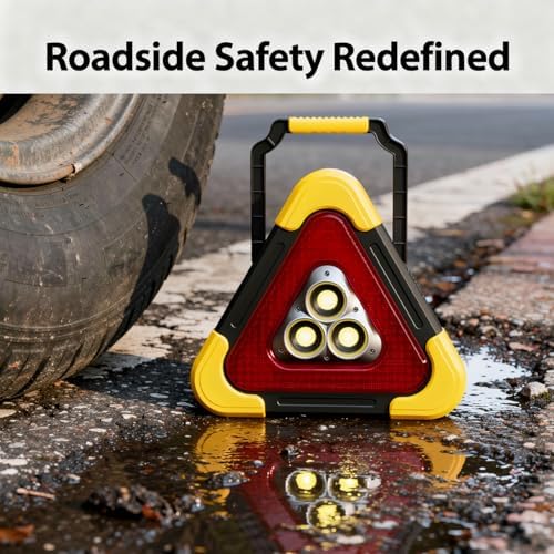Large LED Triangle Warning Light, Multi-Function, USB & Solar Rechargeable Emergency Lamp, SOS Mode, 3-Bulb Roadside Flare, Stable Stand for Vehicle Safety, 10.6 x 9.4 in / 270 x 240 mm