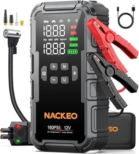 8000A Car Battery Jump Starter with Air Compressor 160PSI, Car Jumper Starter Portable (All Gas 12L Diesel), 12V Jump Box Car Battery with 600LM Light, Jumper Cables, Large LCD Display, Power Bank