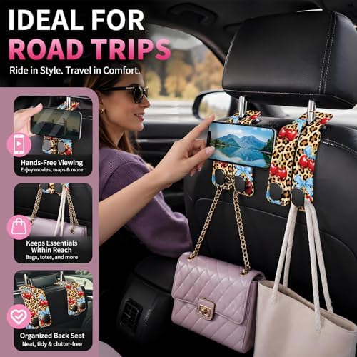 Car Seat Back Storage Hook, Funny Car Purse Hook, Cute Vehicle Storage Organizer for Purses Handbags Cute Leopard Bowtie Cherry