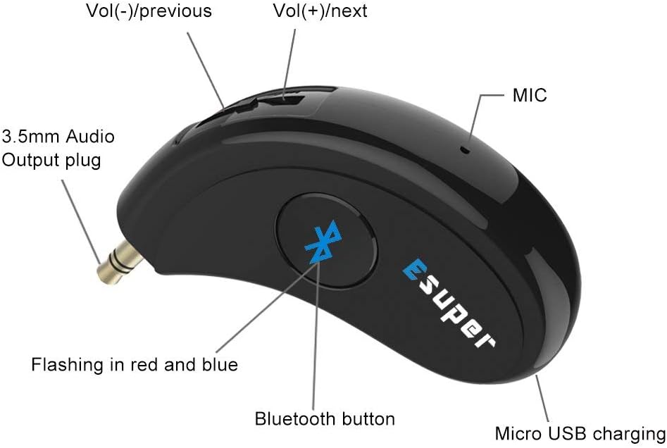 Esuper Portable Bluetooth Aux Adapter, Wireless Music Streaming for Home, Car Audio System, Headphone, Speaker (Bluetooth 4.2, A2DP, 40ft Range)