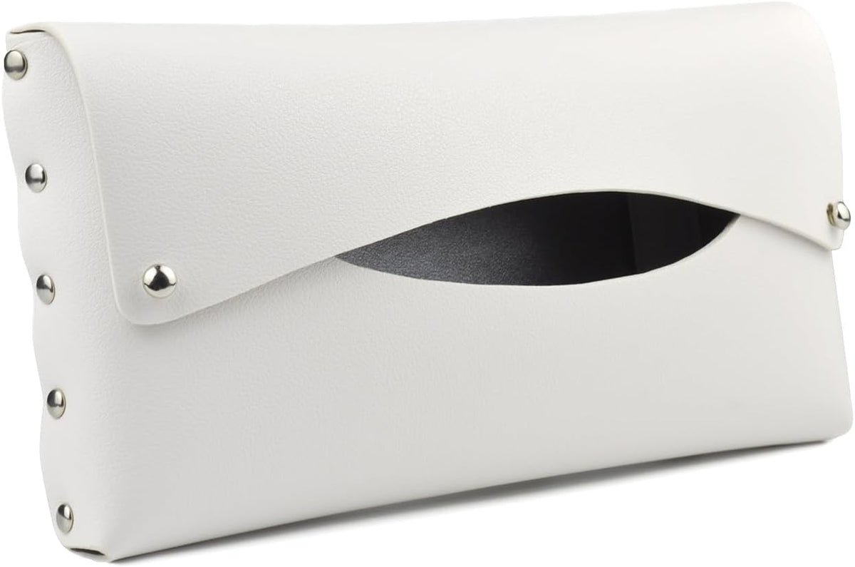 Car Tissue Holder, Tissue Case for Sun Visor, PU Leather Backseat Napkin Holder with Clips (White)