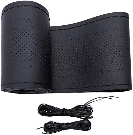 Carodi Leather Steering Wheel Cover, Breathable Non-Slip Design, Soft and Comfortable Feeling, Universal 15 Inch Auto Car Steering Wheel Stitch on Wrap（Size M, Black）