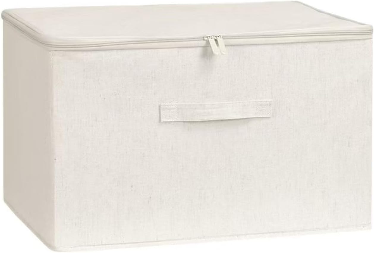 [3 Pack] Beige Cotton Linen Collapsible Storage Bins for Home Organization, Waterproof Fabric Foldable Organizer Boxes, 17.72 x 13.78 x 10.24 Inches, Zippered Flap & Handle (Large)