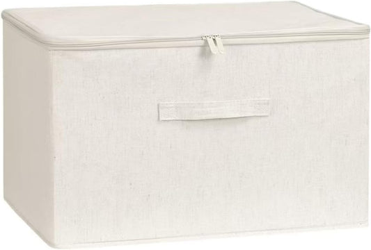 [3 Pack] Beige Cotton Linen Collapsible Storage Bins for Home Organization, Waterproof Fabric Foldable Organizer Boxes, 17.72 x 13.78 x 10.24 Inches, Zippered Flap & Handle (Large)