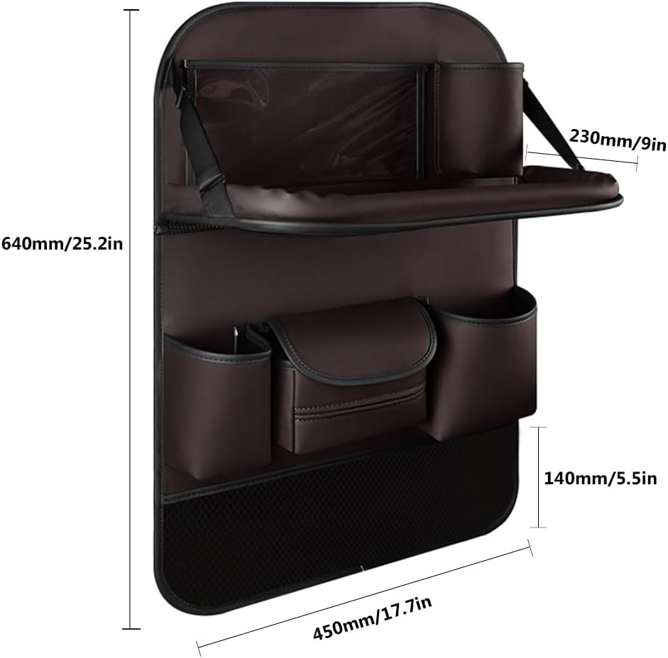 2PCS Car Backseat Organizer Seat Back Protectors Kick Mats with Foldable Table Tray, PU Leather Car Storage Organizer with Tablet Holder, Car Tissue Holder Kids Toys Storage Travel Accessories (Brown)