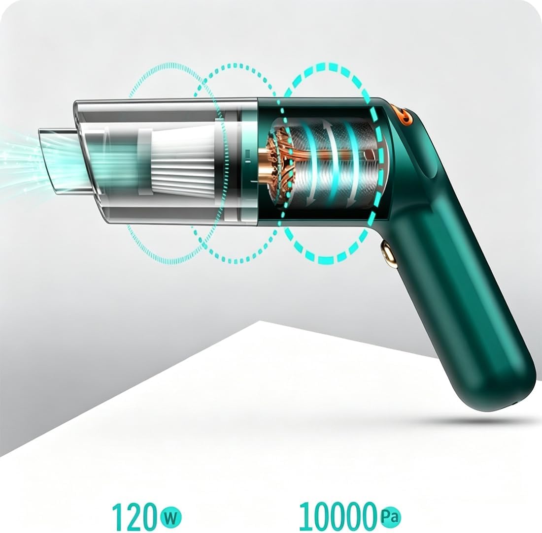 High-Power Cordless Vacuum Cleaner Kit for Car, 10000pa Mini Portable Handheld Vacuum Cleaner with Washable Filter, 4000mah Rechargeable Lightweight for Car, Home, Office, Pet Hair (Green-Deluxe)