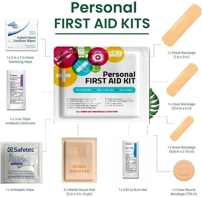 Bulk Mini First Aid Kits - Individual Grab-and-Go Pouches in Assorted Colors - Travel Size First Aid Supplies for Businesses, Schools, Clinics, Relief Efforts & Employee Wellness (100, 1, Count)