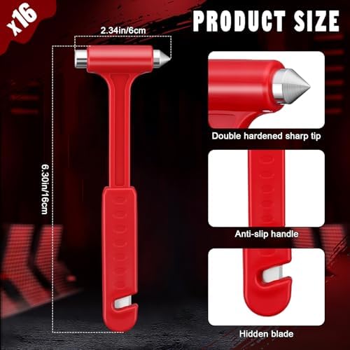 16 Pack Car Safety Hammer, Window Breaker Seatbelt Cutter 2-in-1 Auto Glass Escape Tool for Fleet Trucks Police Firefighter First Responder Family Rescue Traffic Accident Escape