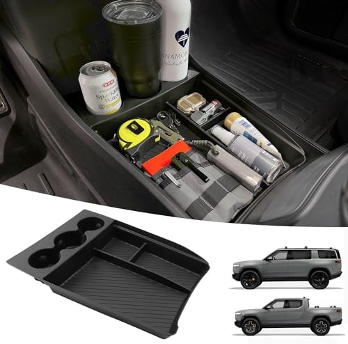 Lower Center Console Organizer for 2022-2026 Rivian R1T & R1S Accessories, Floor Console Storage Tray Insert with Cup Holder