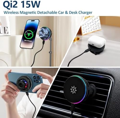 Magnetic Wireless Car Charger Mount, 15W Fast Charging Phone Holder with TEC Cooling & RGB, FOD Safe, Hands‑Free Air Vent Mount for iPhone 12‑17 pro max/Samsung/Android