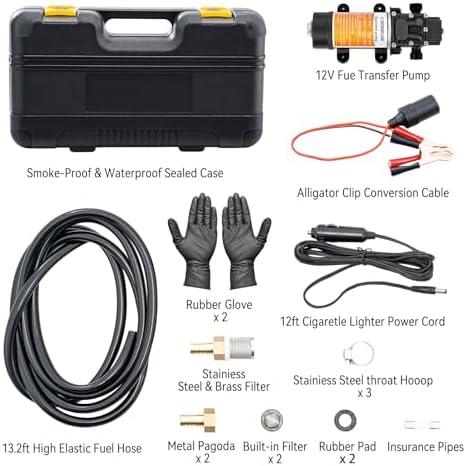 12V Fuel Transfer Pump, 90 GPH Electric Gas & Diesel Pump Kit with Carrying Case, 80W Portable Fuel Pump for Cars, Boats, UTVs & Tractors (Hose & Filter Included)