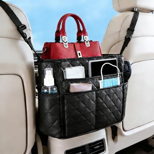 Car Purse Holder Between Seats, Car Storage Organizer, Leather Large Capacity Storage Pocket for Front Seat, Front Seat Pocket Handbag Holder & Barrier of Backseat Pet Kids for Most Vehicles