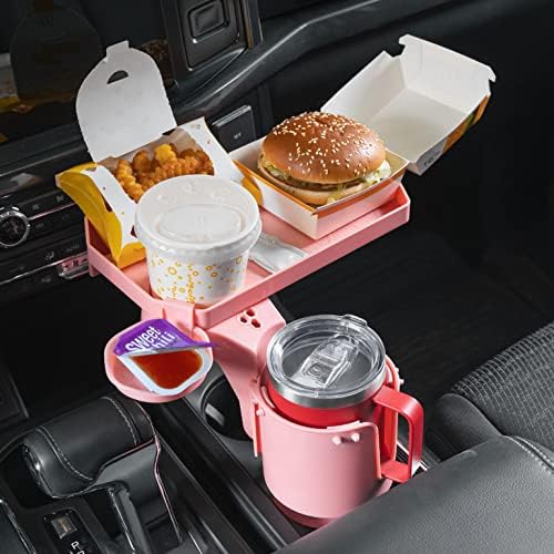 JoyTutus Cup Holder Tray for Car, Car Cup Holder Expander with 360°Rotation Tray, Large Cup Drink Holder Fit for Yeti/Hydro Flask, Detachable Food Tray Table, Pink Car Accessories