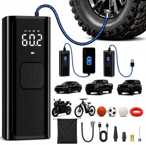 iJoy Tire Inflator Portable Air Compressor | Cordless Air Pump for Car Tires, Bikes, Balls and More | Up to 150 PSI Tire Pump With LED DIsplay, Auto Shutoff, Emergency Flashlight and More