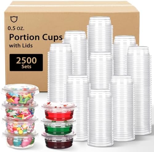 Bokon 2500 Sets 0.5 Oz Clear Plastic Portion Cups With Lids Condiment and Dipping Sauce Container Salad Dressing Container Airtight and Stackable Souffle Cups for Lunch, Party, Trips