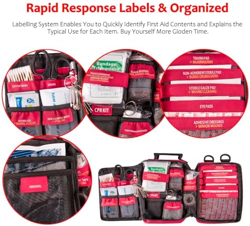 First Aid Kit with Rapid-Response Labeled Compartments, Compact Waterproof Emergency Kit with Molle Straps for Car, Camping, Home, Hiking, Travel