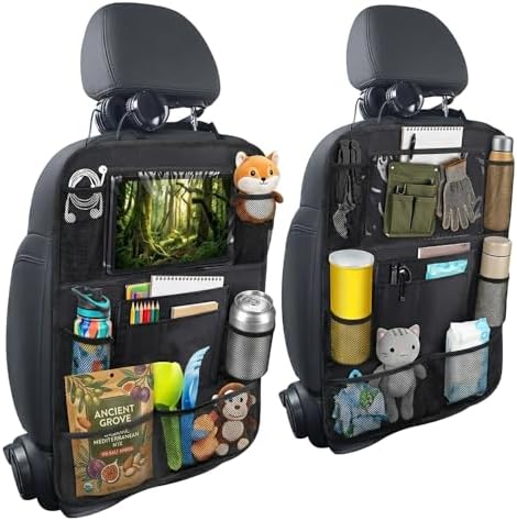 2 Pack Backseat Car Organizer & Kick Mat, Waterproof Seat Back Protector with Clear Pad/Tablet Holder, Universal Fit Car Organizer for Kids Travel Essentials & Storage for SUV/Truck/Sedan
