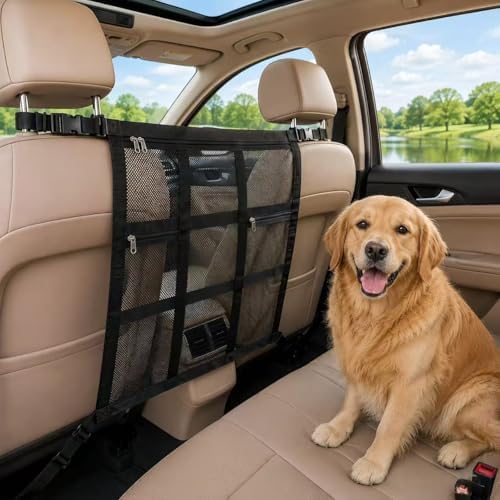 Dog Car Barrier 2026 Upgrade, Double Layer Mesh Dog Net for Car Divider with Storage Organizer, Universal Fit for SUVs, Sedans & Trucks, Easy to Install & Breathable Vehicle Travel Fence