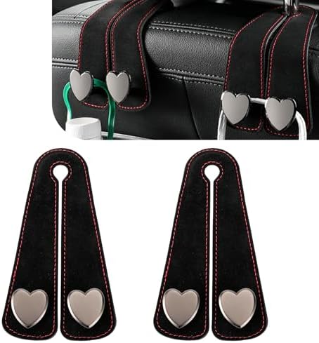 2PCS Car Seat Headrest Hook, Car Purse Holder, Suede Heart-Shaped Double Hooks Headrest Organizer, Heavy-Duty Multi-Functional Automotive Back Seat Phone Holder Universal for Most Vehicles