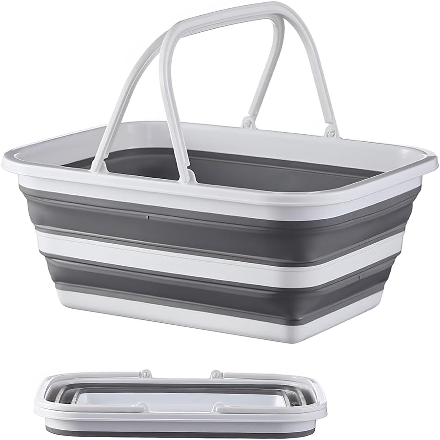 Monozuki Collapsible Sink 4.8Gal/18.1L, Heavy Duty Foldable Basin with Handles for Camping, Car Wash, Kitchen – Also Use as Storage Basket for Home, Garage, RV(Grey)