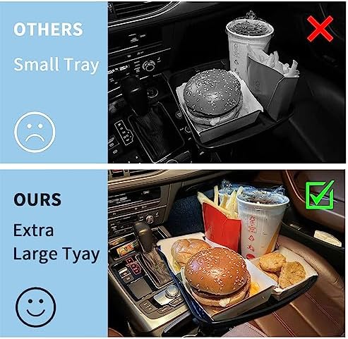 Kelofam Larger Cup Holder Tray, 10 inch Car Food Tray for Eating, Detachable 3 in 1 Car Cup Holder Expander and 360° Rotating Car Cup Holder Tray Table with Phone Holder, Road Trip Essentials