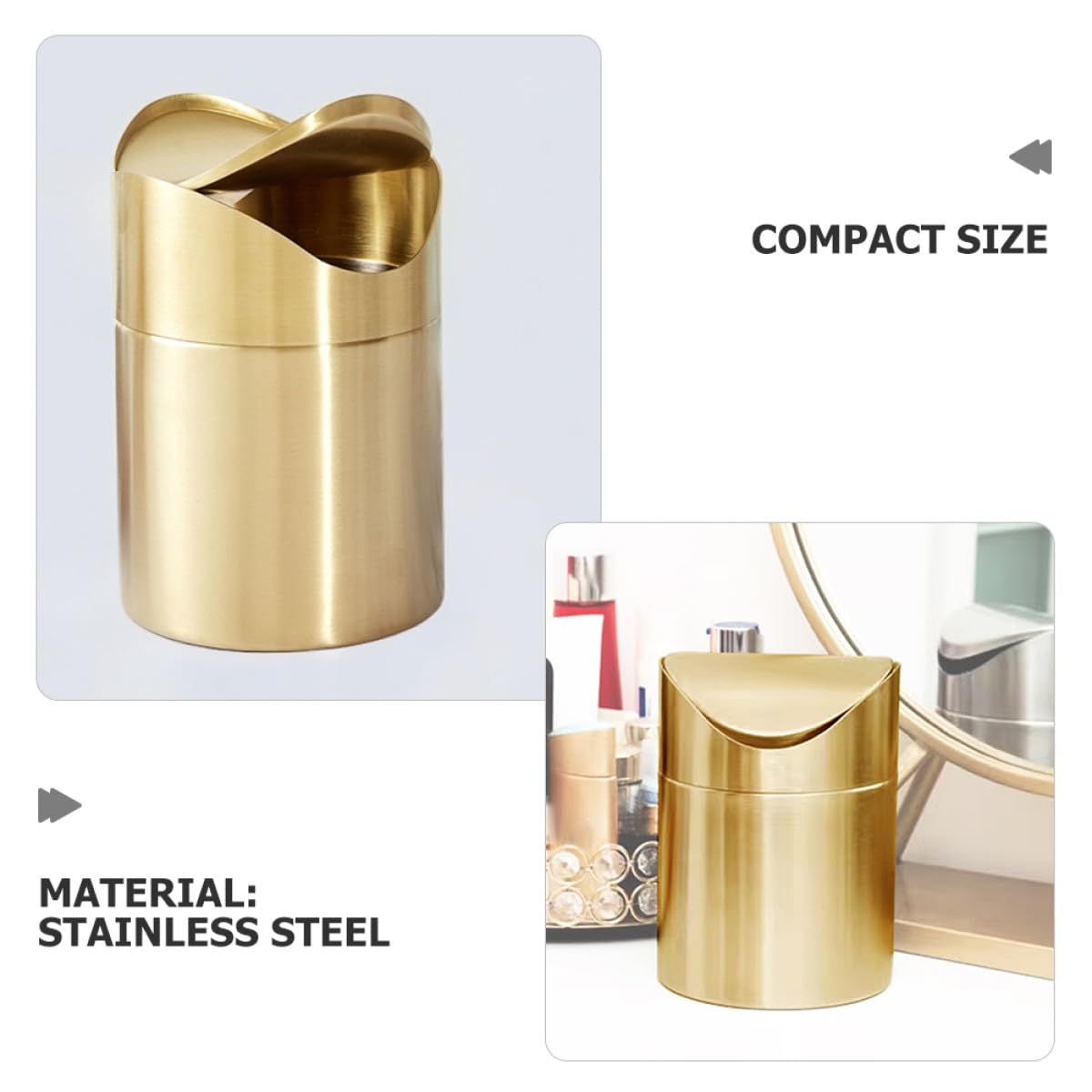 Toyvian Stainless Steel Garbage can with Lid Mini Desk Trash can for Office Bedroom Kitchen Car Small Countertop Waste Container Press Type Lid Compact Space Saving Design