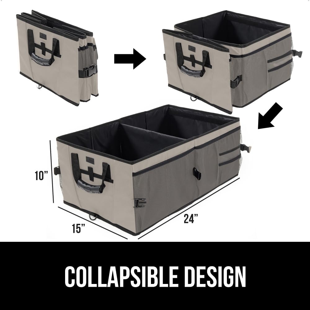 GORILLA GRIP Trunk Organizer for SUV and Cars, Large Capacity Collapsible Car Trunk Storage Organizer, Heavy Duty Car Accessories, Gifts for Mom and Dad, Slip & Water Resistant Multi Compartment Beige