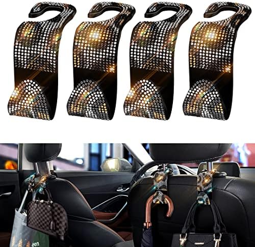 4 Pcs Bling Car Seat Hooks for Purses and Bags, Leopard Print Headrest Hooks with Bling Car Accessories