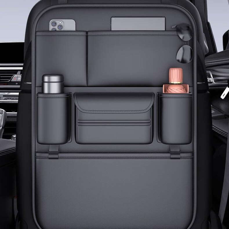 Leather Car Seat Organizer for Cars, SUV & Truck - Back Seat Headrest Storage Organizer with 6 Pockets, Large Capacity Waterproof Car Organizer Pocket for Phone, Bottle, Tissue, Toys
