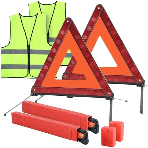 2 Pack Emergency Triangle + 2 Pack Reflective Vest, Foldable Reflective Emergency Triangles Roadside with Reflective Warning Vest, Base Roadside Triangle Kit, Roadside Emergency Car Kit