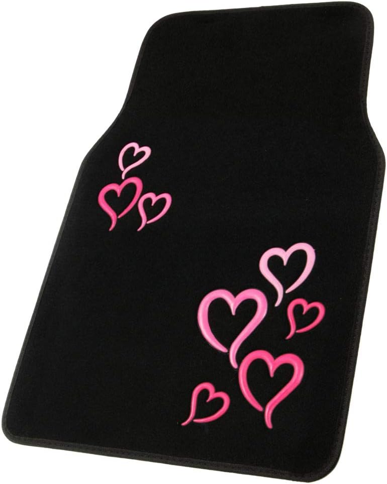 BDK MT-403-PK Design Carpet Car Floor Mats Front and Rear Full Set with Rubber Backing-Universal Fit, 4 Piece, Pink and Red Hearts
