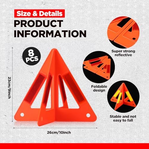 Relaxweex 8 Pcs Emergency Reflective Triangles Sign Foldable Warning Safety Triangles for Vehicle Kit Portable Reflector Roadside Tools Suitable for Cars Trucks Breakdown
