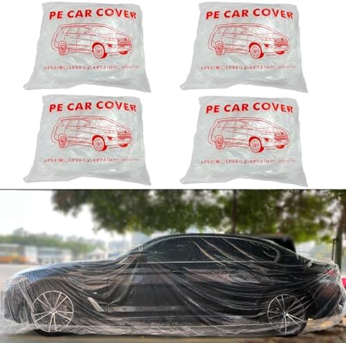 4 Packs Disposable Car Cover Clear Plastic Car Cover Universal Rain Dust Garage Cover with Elastic Band Medium (12.4 FT x 21.6 FT)