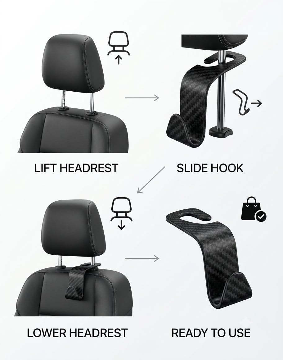 Carbon Fiber Car Seat Headrest Hooks, 4 Pack Car Back Seat Organizer Hooks for Handbags, Purses, Groceries, Coats and Accessories, Universal Vehicle Storage Hanger Hooks for Cars, SUVs and Trucks