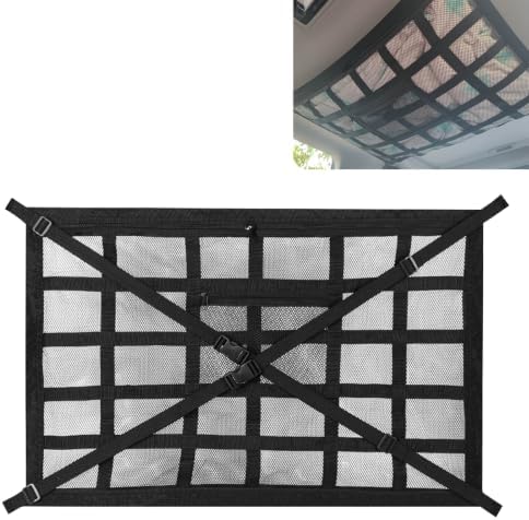 Car Ceiling Cargo Net, 31.5" x 21.6" Double Layer Overhead Storage Organizer, Adjustable Roof Mesh Pocket with Buckle Straps, Universal Auto Accessory for SUVs, Camping, Travel, Road Trips