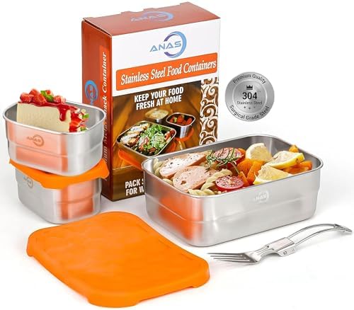 Anas 3-PK of Metal Food Storage Containers with Lids - Stainless Steel, Compact Stackable, Leak Proof, Dishwasher Safe and Microwavable for Lunch, Work, School Travel, Bento Box