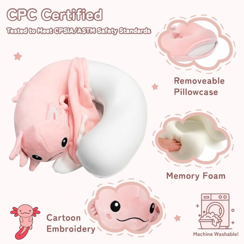 Niuniu Daddy Pink Axolotl Kids Travel Neck Pillow (3-8 Y/O), Memory Foam Toddler Pillows for Head &amp; Chin Support, Cute Sleeping Essentials for Car Seat, Airplane, Stroller and Long Road Trip