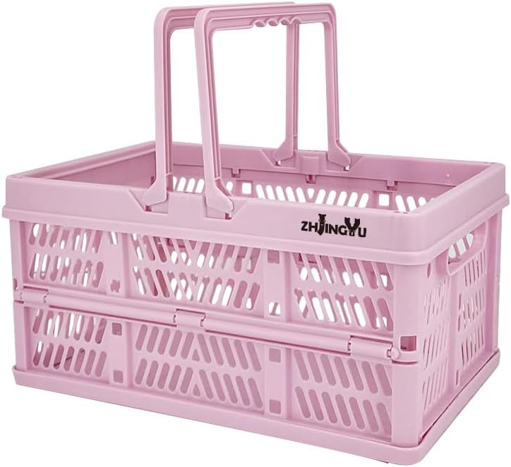 ZHJINGYU crates for storage,plastic baskets for organizing,collapsible shopping basket,foldable crate with Handles,collapsible storage crate,car basket,for Kitchen,Bathroom,Medicine.small,Pink