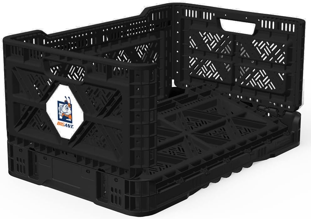 Bigant Heavy Duty Collapsible & Stackable Plastic Milk Crate - Snap Lock Foldable Industrial Garage Storage Bin Container Utility Tote Basket (Black, 1 Medium Crate)