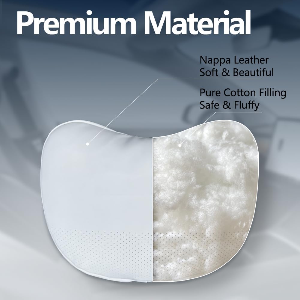 TESBEAUTY Nappa Leather Seat Headrest Pillow 2 Packs for Tesla Neck Pillow Uniquely Designed For Tesla Model X/SY/3 Higher Version Fits Taller Than 5'7", Genuine Nappa Leather Visible Strap White
