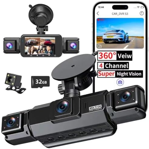4 Channel Dash Cam, 360 Dash Camera for Cars, 2K Front + 1080P Rear/Left/Right Camera, Built-in WiFi, APP Control，G-Sensor, Super Night Vision, 24/7 Recording Parking Mode Monitor, Free 32G SD Card