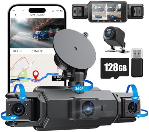 360 Dash Cam Front and Rear Inside,4 Channel Dash Cam 2026,2.5K+1080Px3 Dash Camera for Cars 24/7 Night Vision,360 Car Camera Built-in GPS,5G WiFi,Loop Recording,Parking Mode Free 128GB Card