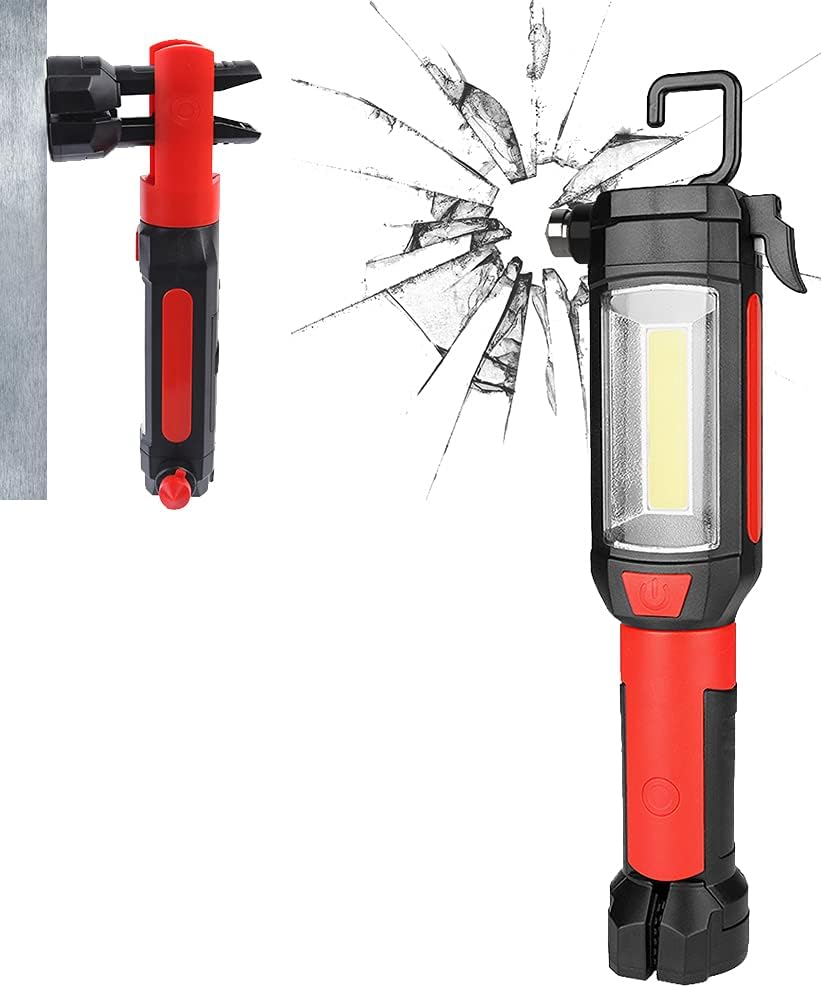 Maksone 9-in-1 Emergency Auto Tool with Flashlight, Window Breaker & Seat Belt Cutter, Magnetic LED Work Light with Hook for Car Repair, Camping, and Emergency Use (Battery Included) (1 Pack)