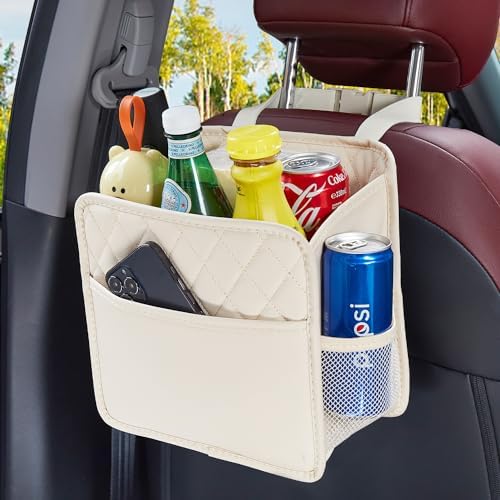 LXUNYI Back Seat Car Organizer, Large Car Seat Organizer with Cup Holders Multifunctional Over the Car Seat Organizer Backseat Hanging Leather Car Seat Organizers and Storage Bags(Beige 1Pack)