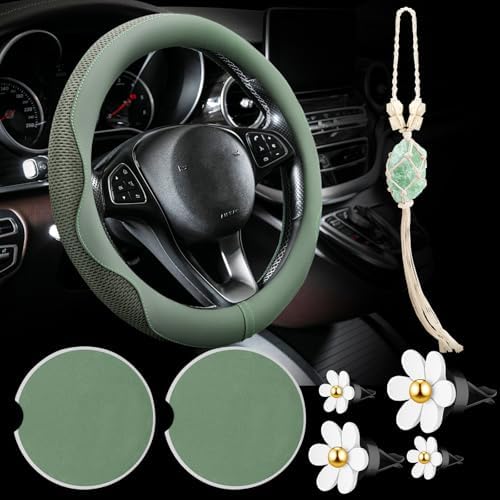 BBTO 4 Pcs Steering Wheel Cover Coasters Daisy Clip Ornament,Sage Green