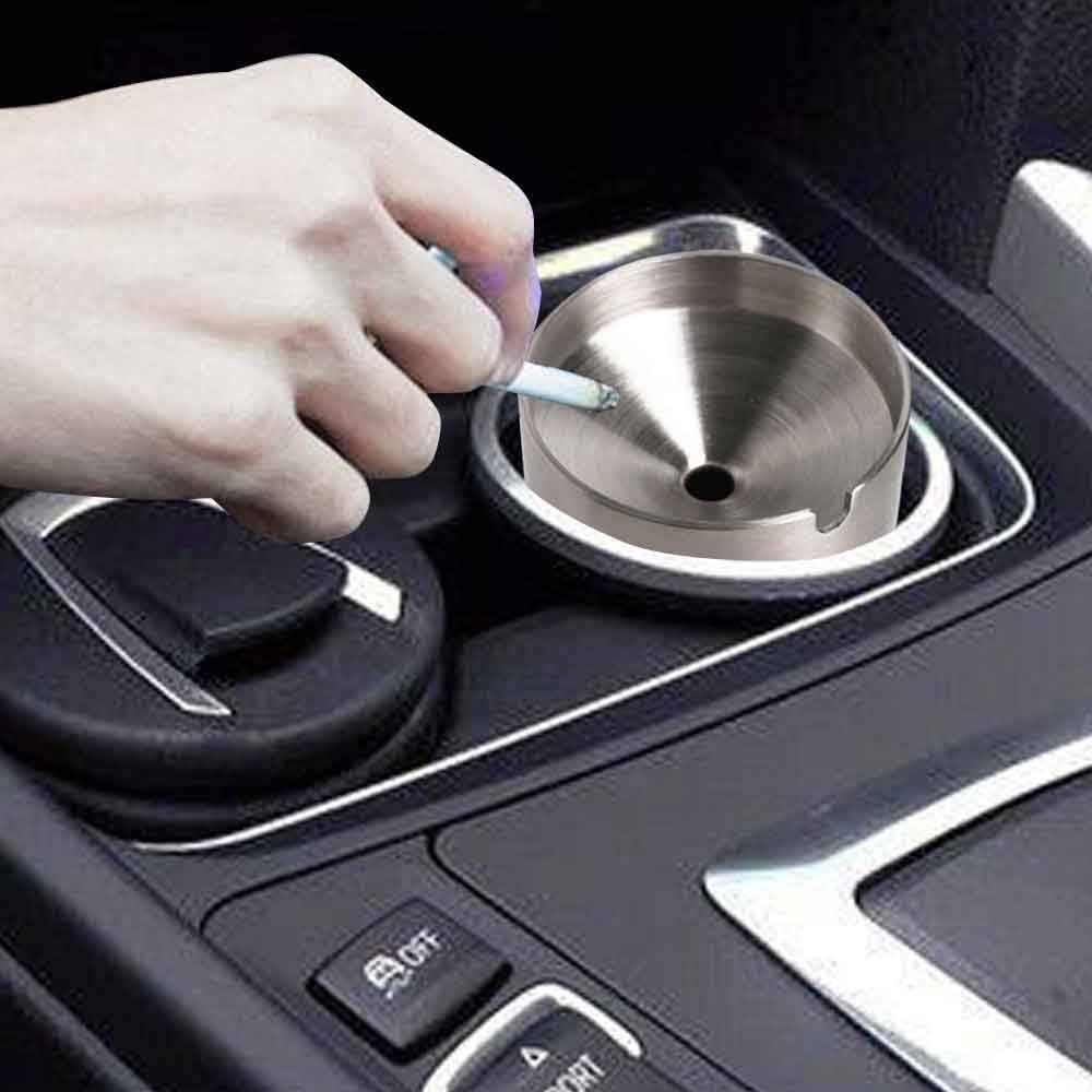 JOCHA Car Ashtray with lid smell proof Stainless Steel Portable Smokeless Detachable Windproof Self Extinguishing Butt Bucket Ash Tray for Most Car Cup Holder for Outdoor Travel Home Office (Silver)