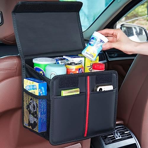 Hanging Car Seat Organizer with Lid - Premium PU Leather Backseat Organizer for Kids & Adults (Black)