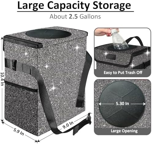 Cute Mini Car Trash Bag with Lid, Glitter Garbage Can Bin Hanging for Back/Front Seat/Console, Waterproof, Leakproof, 2.5 Gallon, Black Bling Sparkly